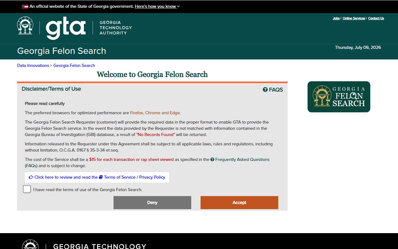Peach County criminal court records Georgia Felon Search portal