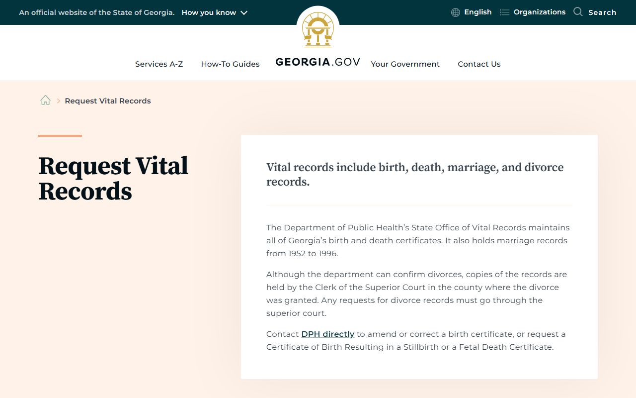 Peach County marriage records Georgia vital records request portal